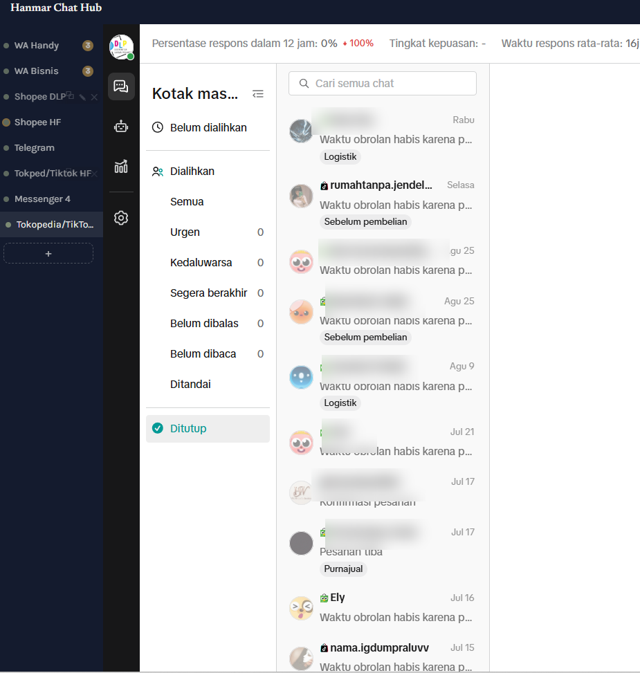 Tampilan Tokopedia dan TikTok Shop Seller Center di dalam Hanmar Chat Hub